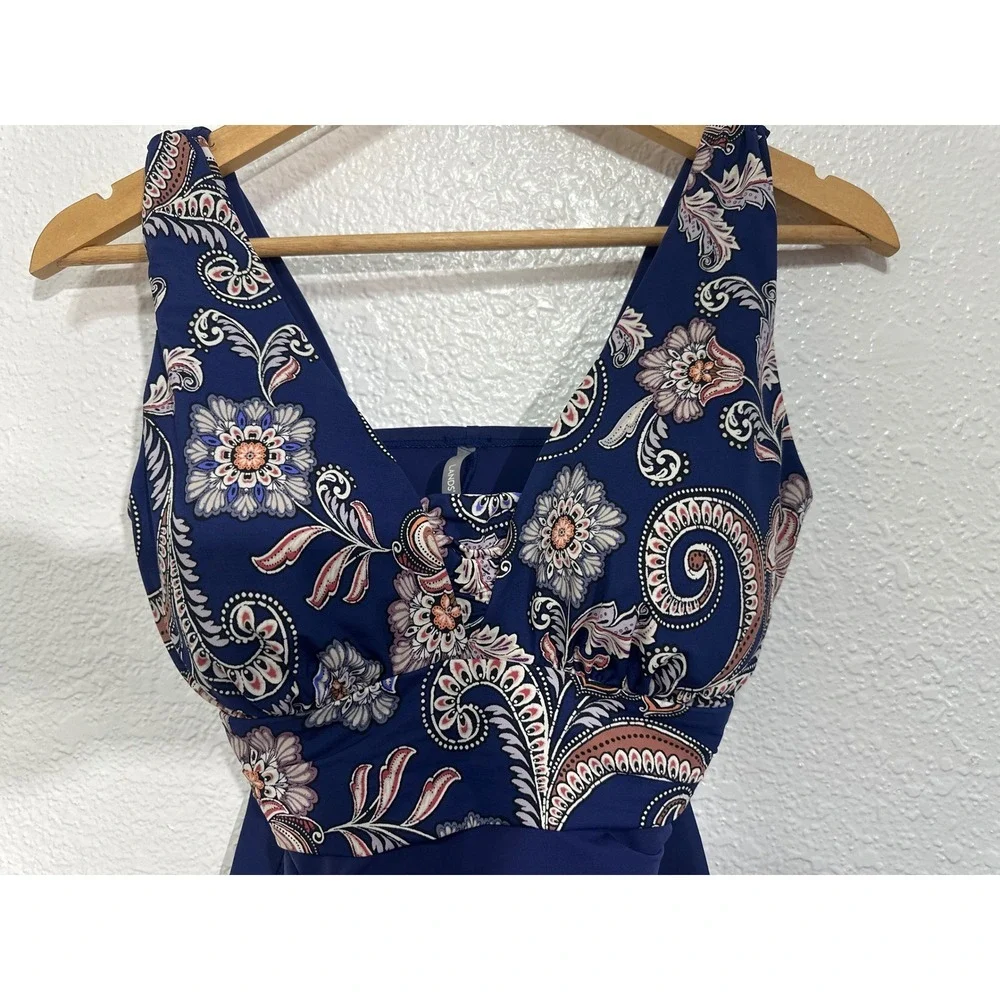 Lands End Womens Paisley Navy Blue Ruched One Piece Swimsuit V-Neck Padded Cup
